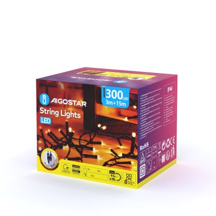 Aigostar - LED Venkovní vánoční řetěz 300xLED/8 funkcí 18m IP44 teplá bílá