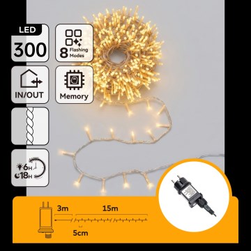 Aigostar - LED Venkovní vánoční řetěz 300xLED/8 funkcí 18m IP44 teplá bílá