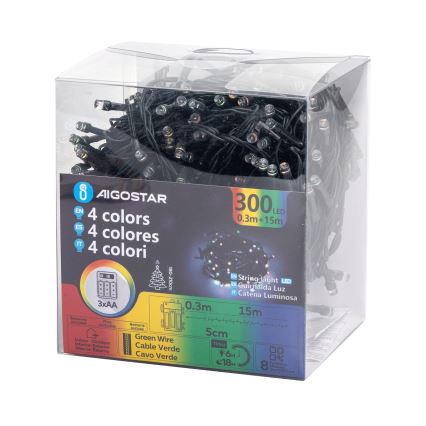 Aigostar -LED Venkovní vánoční řetěz 300xLED/8 funkcí 3xAA 15,3m IP44 multicolor