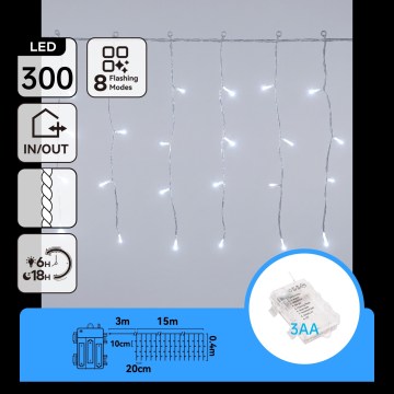 Aigostar - LED Venkovní vánoční řetěz 300xLED/8 funkcí 3xAA 18x0,4m IP44 studená bílá