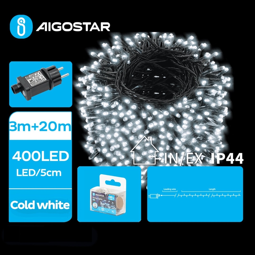 Aigostar - LED Venkovní vánoční řetěz 400xLED/8 funkcí 23m IP44 studená bílá