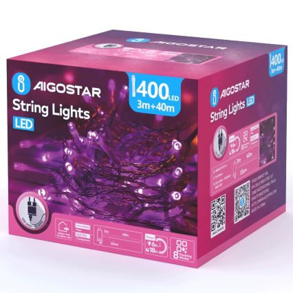 Aigostar - LED Venkovní vánoční řetěz 400xLED/8 funkcí 43m IP44 růžová