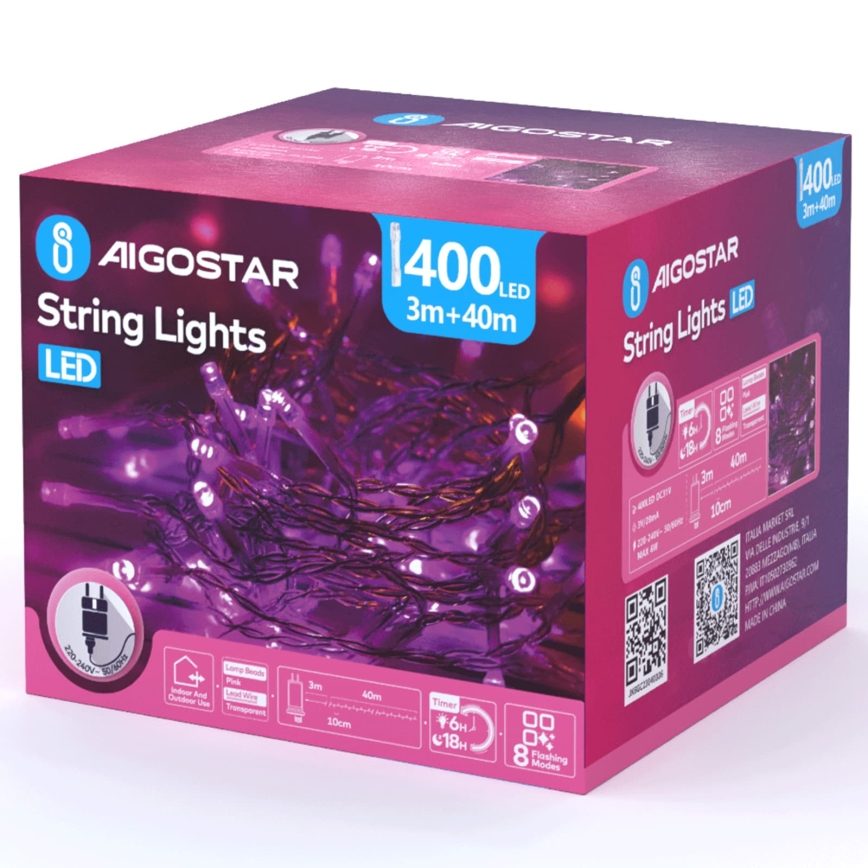 Aigostar - LED Venkovní vánoční řetěz 400xLED/8 funkcí 43m IP44 růžová