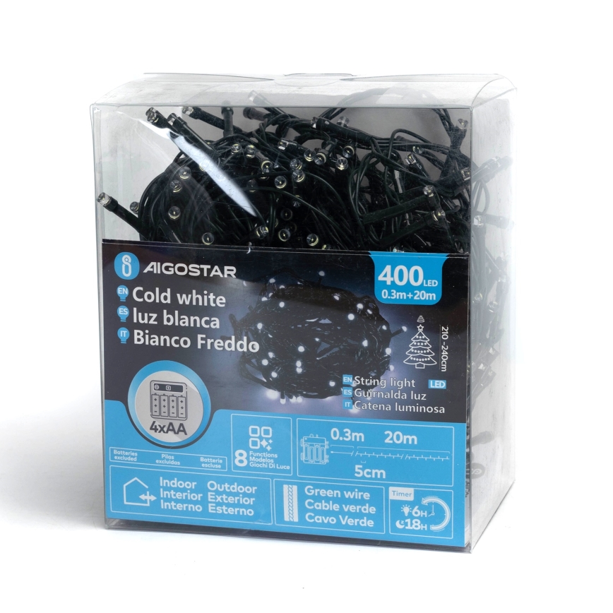 Aigostar - LED Venkovní vánoční řetěz 400xLED/8 funkcí 4xAA 20,3 m IP44 studená bílá