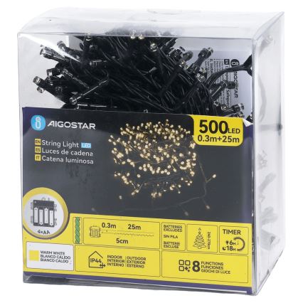 Aigostar - LED Venkovní vánoční řetěz 500xLED/8 funkcí 4xAA 25,3 m IP44 teplá bílá