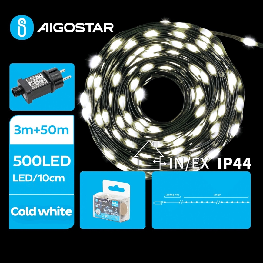 Aigostar - LED Venkovní vánoční řetěz 500xLED/8 funkcí 53m IP44 studená bílá