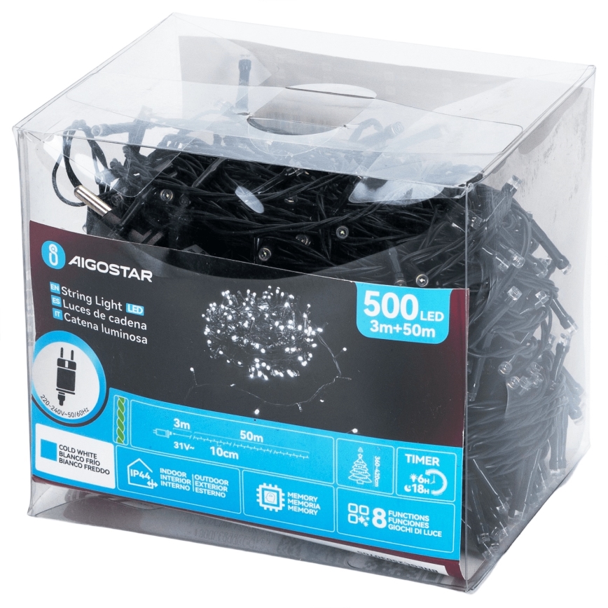 Aigostar - LED Venkovní vánoční řetěz 500xLED/8 funkcí 53m IP44 studená bílá