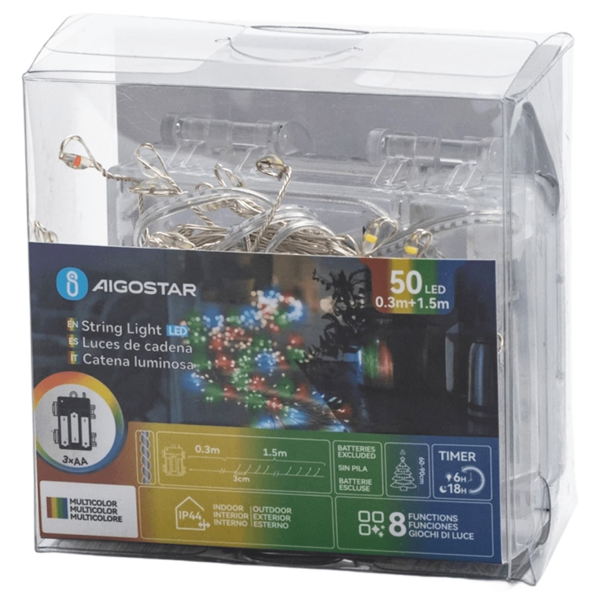 Aigostar - LED Venkovní vánoční řetěz 50xLED/8 funkcí 3xAA 1,8m IP44 multicolor