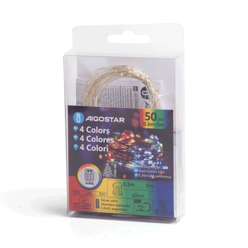 Aigostar - LED Venkovní vánoční řetěz 50xLED/8 funkcí 3xAA 5,3m IP44 multicolor