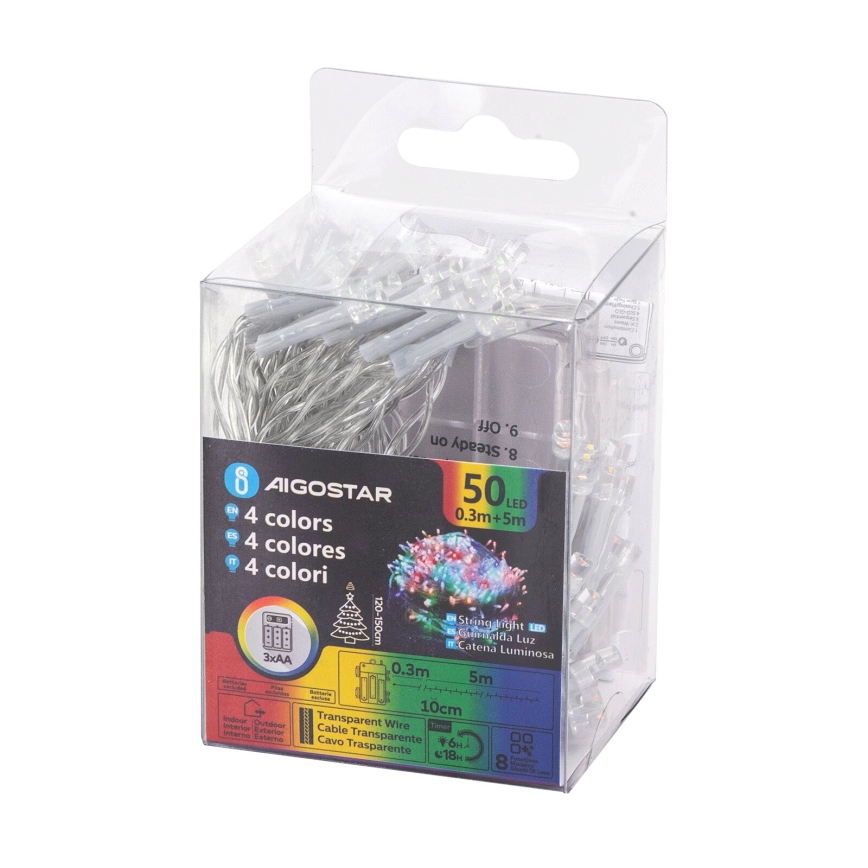 Aigostar - LED Venkovní vánoční řetěz 50xLED/8 funkcí 3xAA 5,3m IP44 multicolor