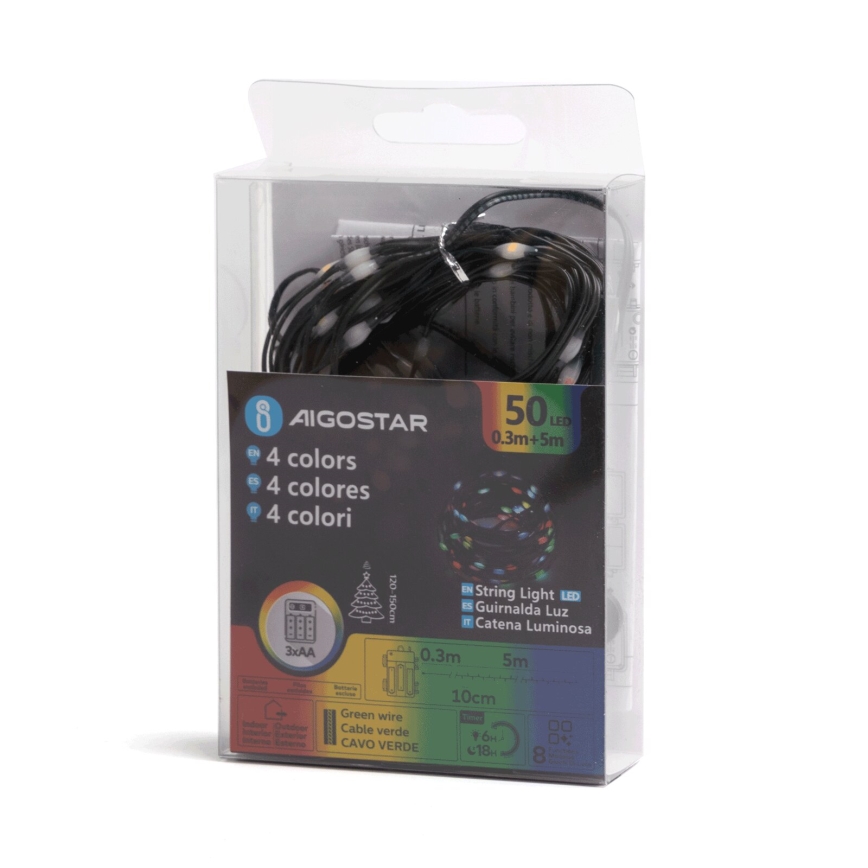 Aigostar - LED Venkovní vánoční řetěz 50xLED/8 funkcí 3xAA 5,3m IP44 multicolor