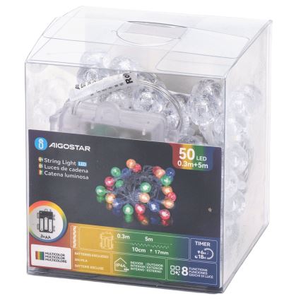 Aigostar - LED Venkovní vánoční řetěz 50xLED/8 funkcí 3xAA 5,3m IP44 multicolor