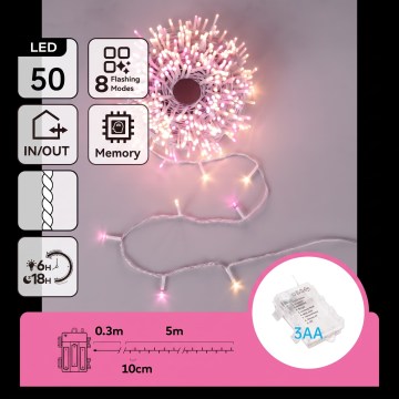 Aigostar - LED Venkovní vánoční řetěz 50xLED/8 funkcí 3xAA 5,3m IP44 růžová/teplá bílá