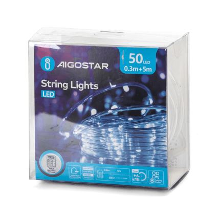 Aigostar - LED Venkovní vánoční řetěz 50xLED/8 funkcí 3xAA 5,3m IP44 studená bílá