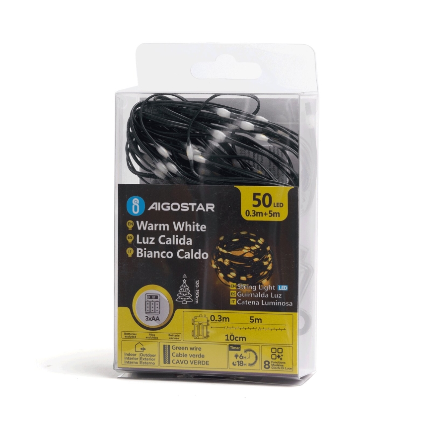 Aigostar - LED Venkovní vánoční řetěz 50xLED/8 funkcí 3xAA 5,3m IP44 teplá bílá