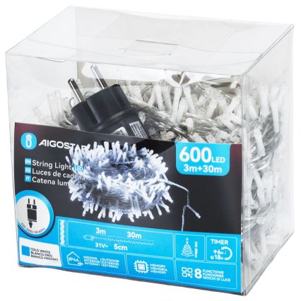 Aigostar - LED Venkovní vánoční řetěz 600xLED/8 funkcí 33m IP44 studená bílá