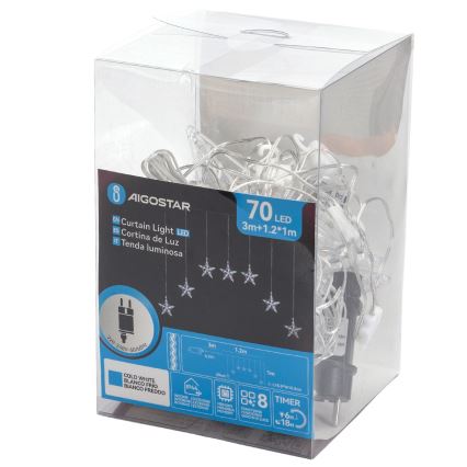 Aigostar - LED Venkovní vánoční řetěz 70xLED 1,2x1m IP44 studená bílá hvězdy