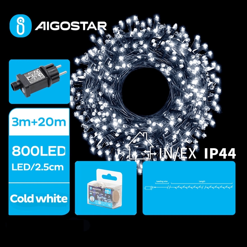 Aigostar - LED Venkovní vánoční řetěz 800xLED/8 funkcí 23m IP44 studená bílá