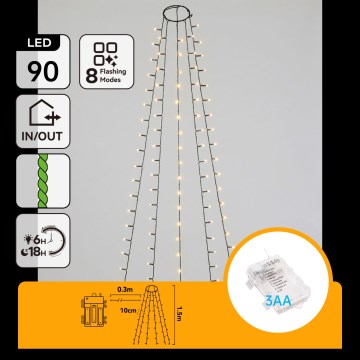Aigostar - LED Venkovní vánoční řetěz 90xLED/8 funkcí 3xAA 1,5m IP44 teplá bílá