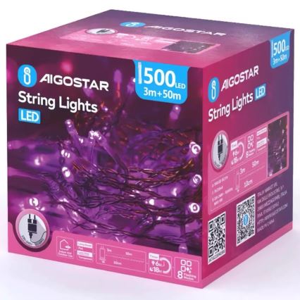 Aigostar - LED Venkovní vánoční řetěz 500xLED/8 funkcí 53m IP44 růžová