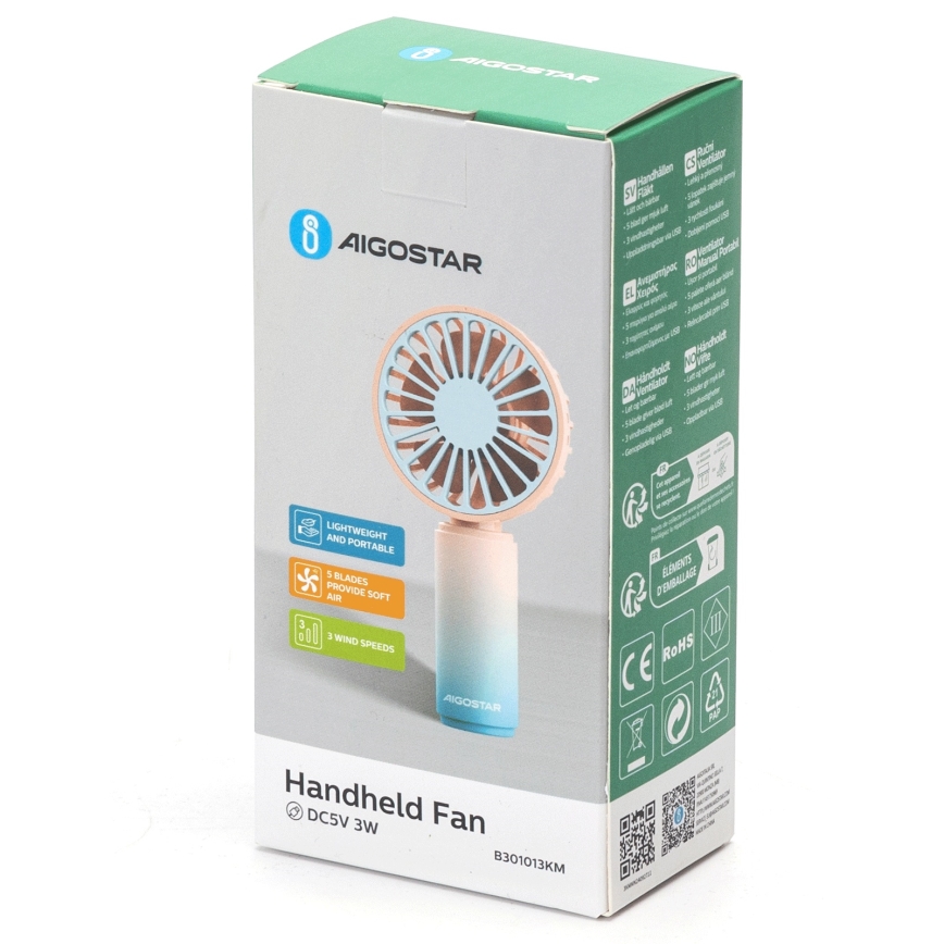 Aigostar - Nabíjecí kapesní ventilátor 3W/5V 500mAh USB růžová/modrá