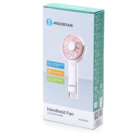 Aigostar - Nabíjecí kapesní ventilátor 4,5W/3,7V 1200mAh USB růžová