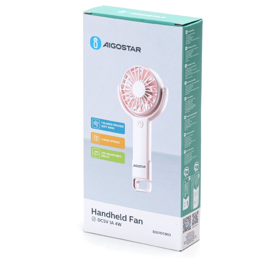 Aigostar - Nabíjecí kapesní ventilátor 4,5W/3,7V 1200mAh USB růžová