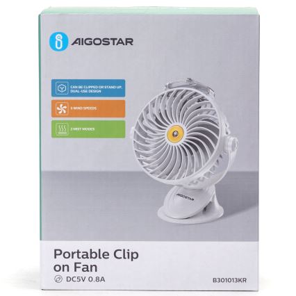 Aigostar - Nabíjecí stolní ventilátor s klipem 2W/5V 2400mAh USB bílá