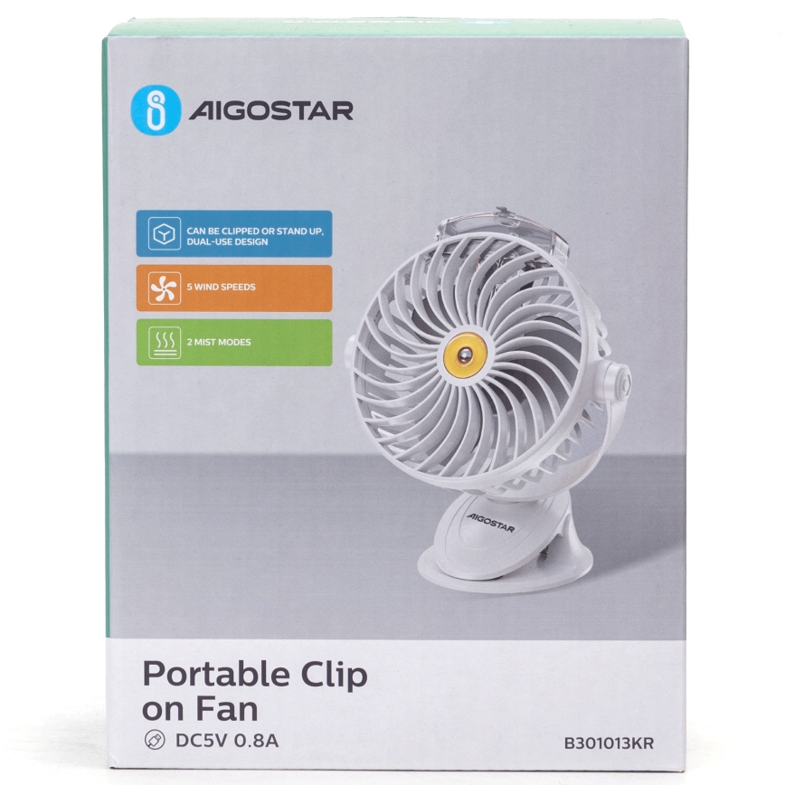 Aigostar - Nabíjecí stolní ventilátor s klipem 2W/5V 2400mAh USB bílá