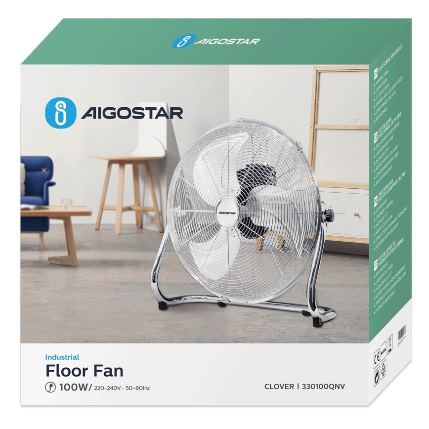 Aigostar - Podlahový ventilátor 100W/230V lesklý chrom