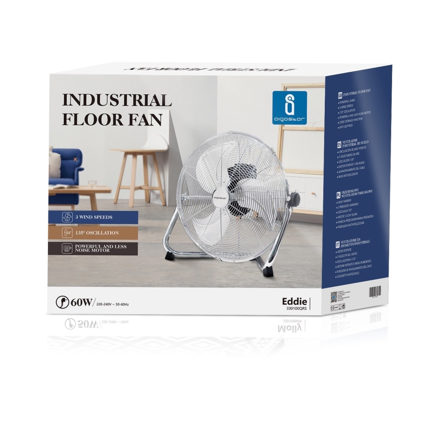Aigostar - Podlahový ventilátor 60W/230V 44,5 cm lesklý chrom