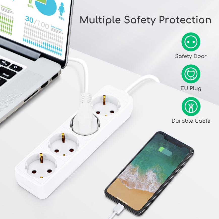 Aigostar - Prodlužovací kabel 4Z Typ F 1,5m bílá SCHUKO