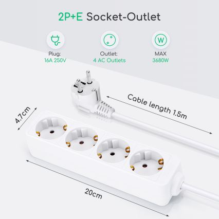 Aigostar - Prodlužovací kabel 4Z Typ F 1,5m bílá SCHUKO