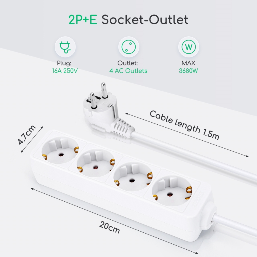 Aigostar - Prodlužovací kabel 4Z Typ F 1,5m bílá SCHUKO
