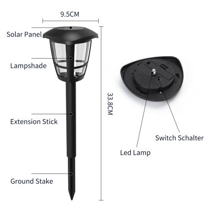 Aigostar - SADA 12x LED Solární lampa LED/0,06W/2V 33,8 cm 6500K 100 mAh IP44 černá
