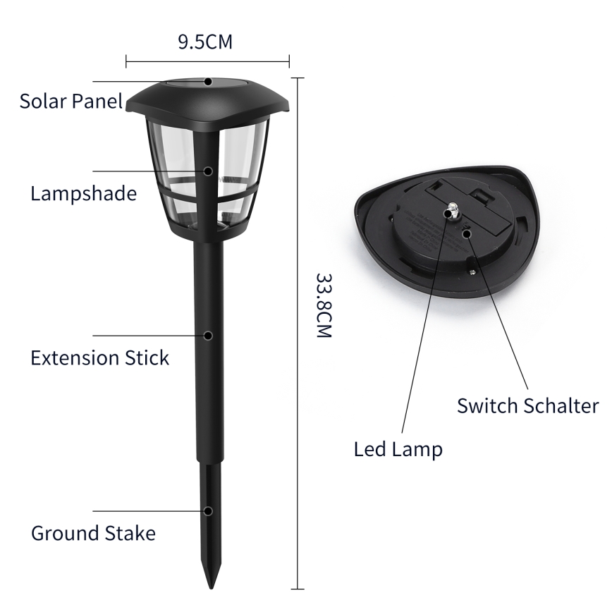 Aigostar - SADA 12x LED Solární lampa LED/0,06W/2V 33,8 cm 6500K 100 mAh IP44 černá