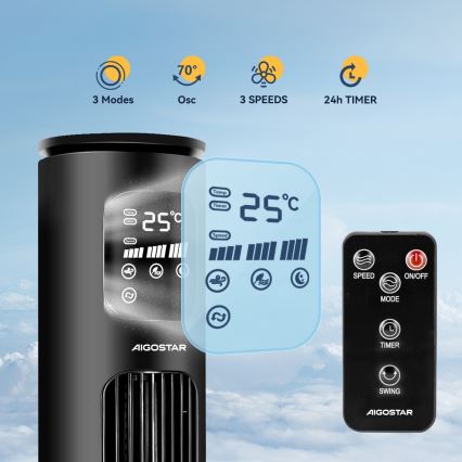 Aigostar - Sloupový ventilátor 50W/230V černá Wi-Fi + dálkové ovládání