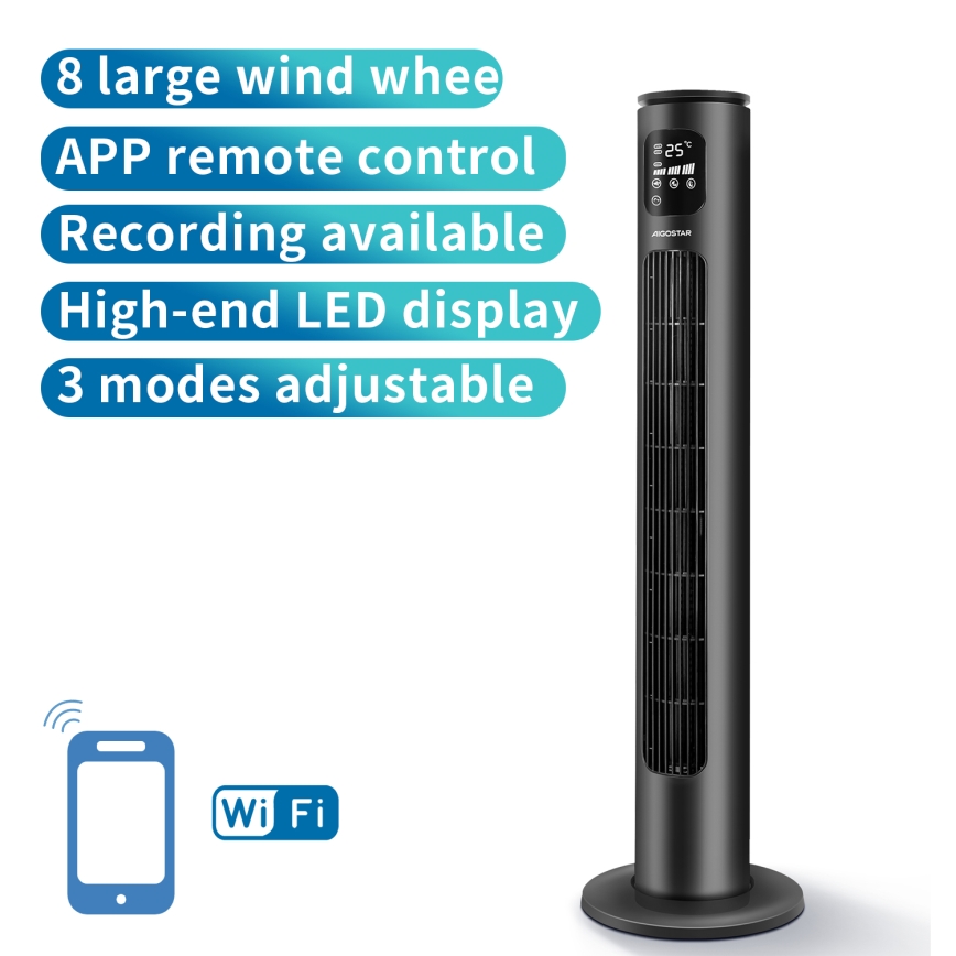 Aigostar - Sloupový ventilátor 50W/230V černá Wi-Fi + dálkové ovládání