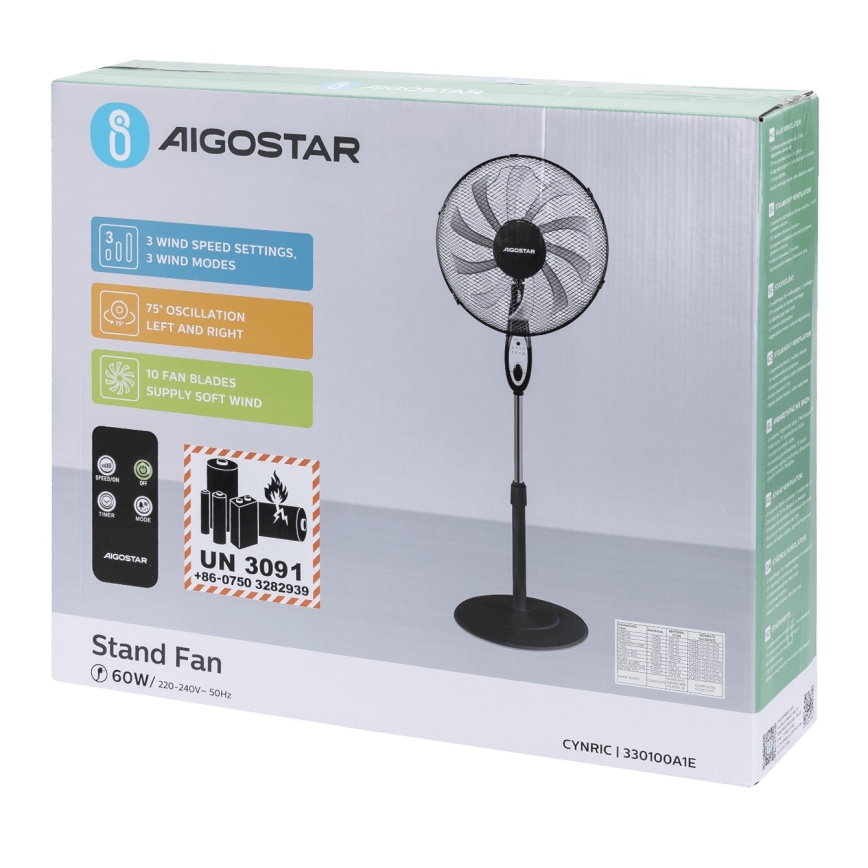 Aigostar - Stojanový ventilátor 55W/230V 130 cm černá + dálkové ovládání