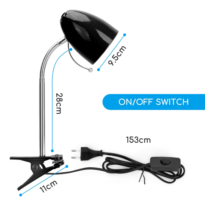 Aigostar -  Stolní lampa s klipem 1xE27/11W/230V černá/lesklý chrom