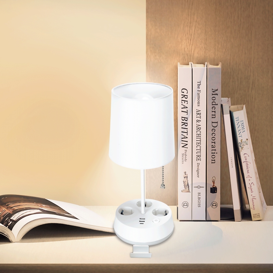 Aigostar - Stolní lampa se zásuvkami a USB porty 1xE27/60W/230V bílá
