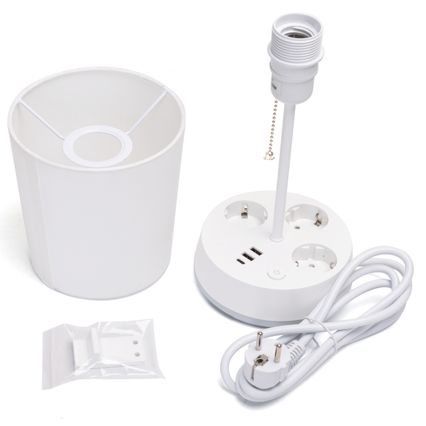 Aigostar - Stolní lampa se zásuvkami a USB porty 1xE27/60W/230V bílá