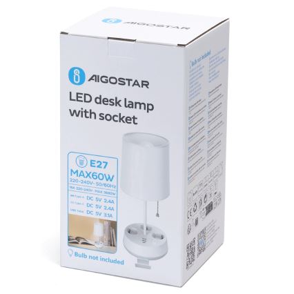 Aigostar - Stolní lampa se zásuvkami a USB porty 1xE27/60W/230V bílá