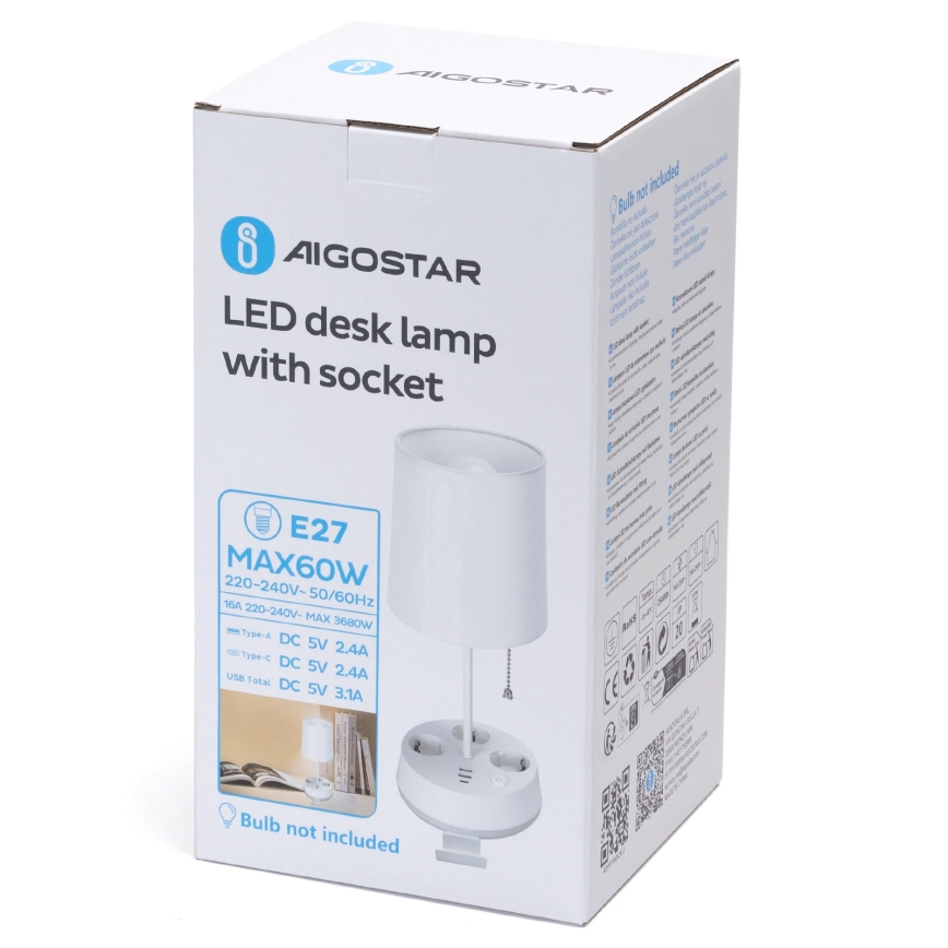 Aigostar - Stolní lampa se zásuvkami a USB porty 1xE27/60W/230V bílá