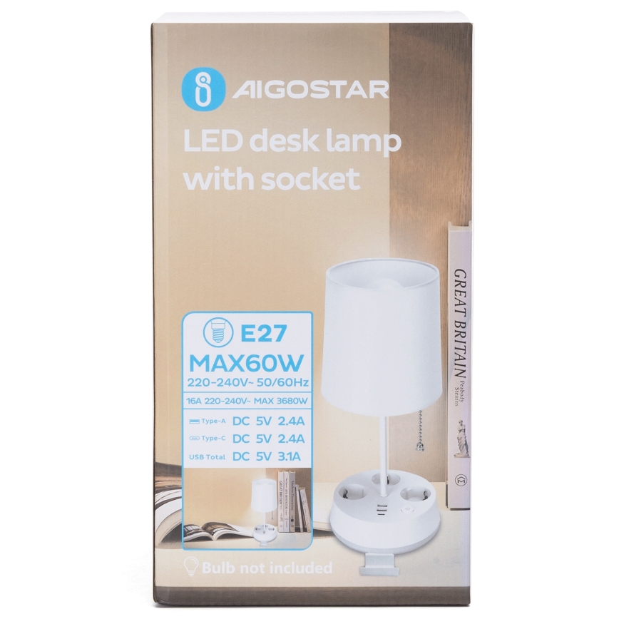 Aigostar - Stolní lampa se zásuvkami a USB porty 1xE27/60W/230V bílá