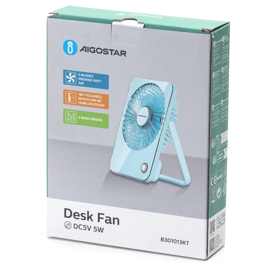 Aigostar - Stolní nabíjecí ventilátor 5W/5V 3600mAh USB modrá