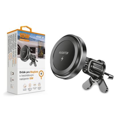 Aligator AMS05BK - Magnetický držák telefonu do auta s bezdrátovým nabíjením Qi 15W a MagSafe černá