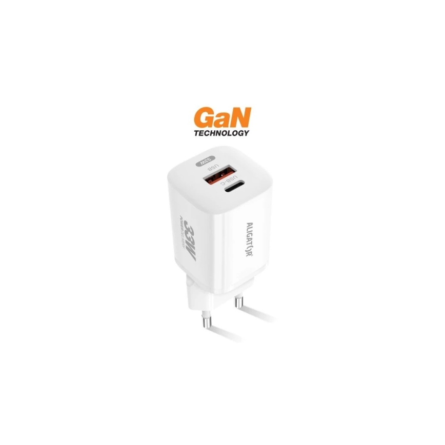 Aligator CHPD0020 - Rychlonabíjecí adaptér GaN Power Delivery 33W USB-A + USB-C bílá