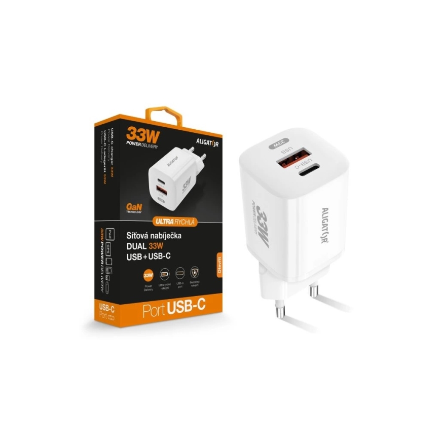 Aligator CHPD0020 - Rychlonabíjecí adaptér GaN Power Delivery 33W USB-A + USB-C bílá