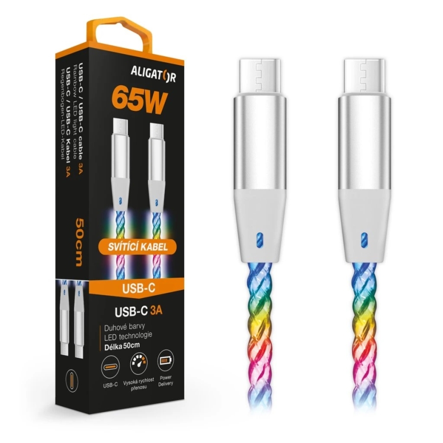 Aligator DATKP64 - USB kabel USB-C / USB-C s LED podsvícením 65W Power Delivery 0,5m